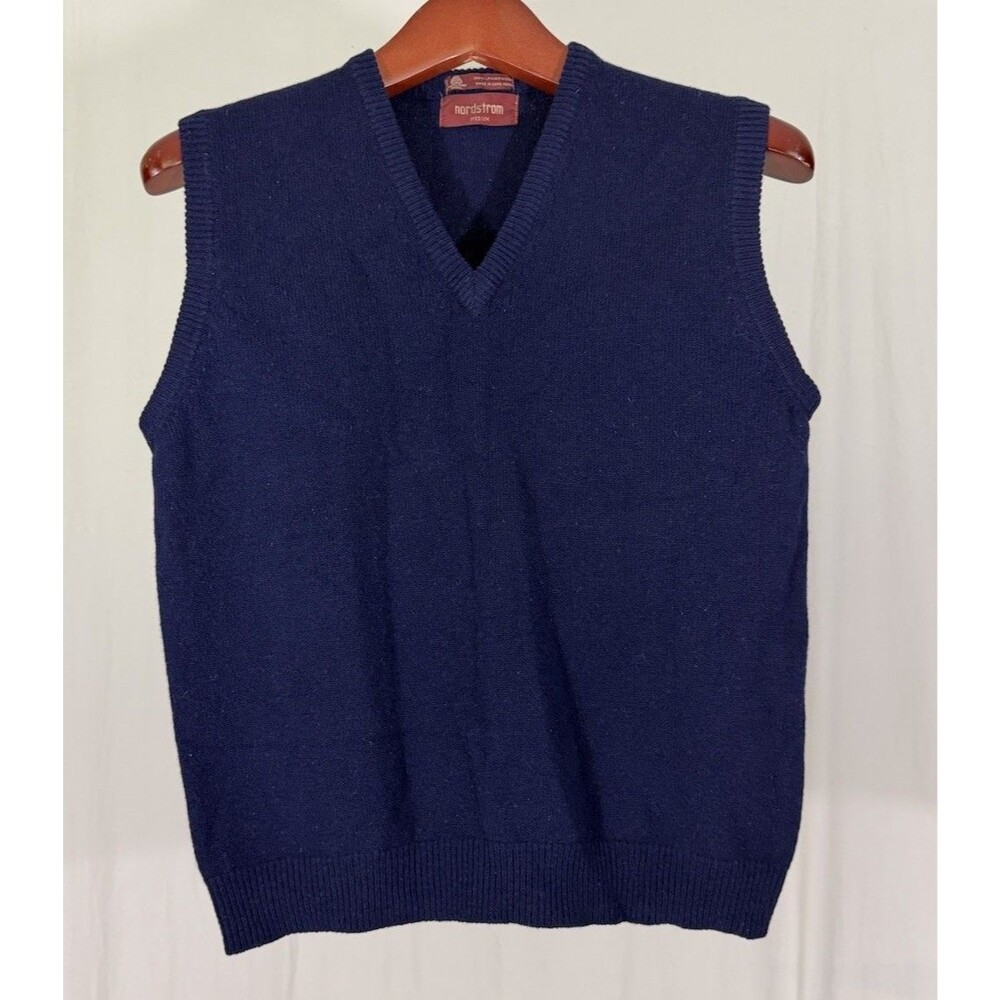 Vintage NORDSTROM Sweater Vest Mens Medium Navy 100% Lambswool V-neck Preppy
